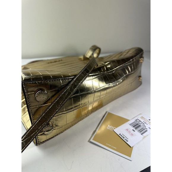 Michael Kors Gold Karla Satchel Shoulder Bag Handbag Purse Embossed Leather - Picture 12 of 16